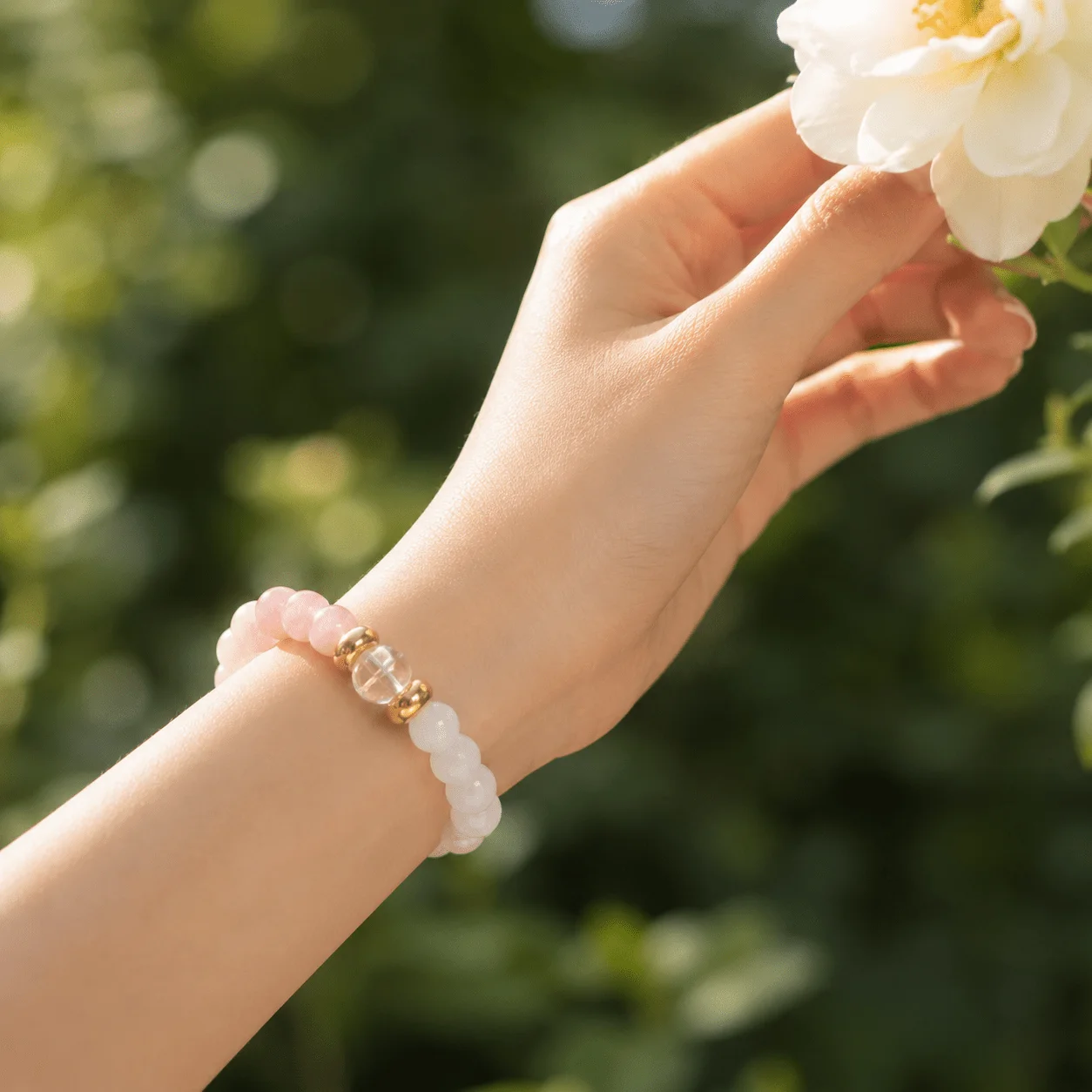 Graduation Memory , Pink White Translucent Stretch Bracelet With Gold Tone Spacer,  Summer Travel Teachers Students Friends