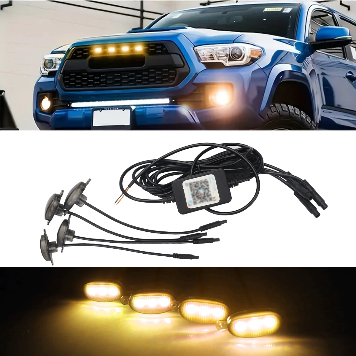 4Pcs/Set Car Front LED Grille Light With APP Control Smoked Shell RGB 3LED Exterior Decorative Light for Off Road Truck SUV