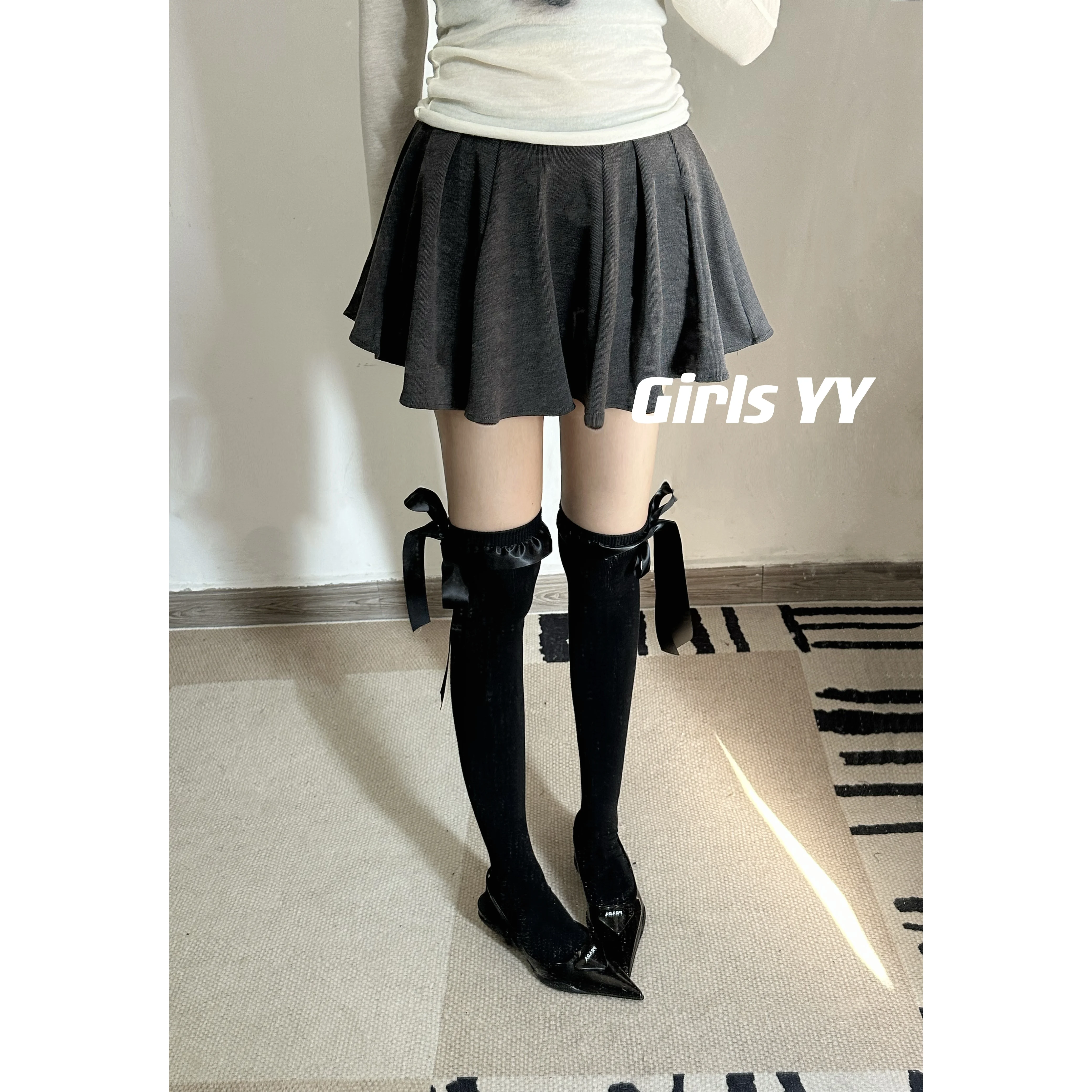 Satin Lace Bow over the Knee Hold-Ups Japanese White Cotton Strap Thigh High Socks