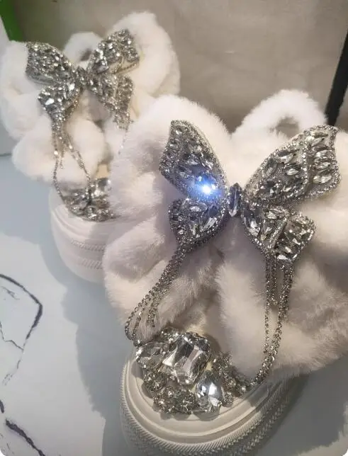

Зимние ботильоны в стиле Лолиты с белым мехом и галстуком-бабочкой и бриллиантами и кисточками, женские зимние ботильоны на толстой платформе с круглым носком