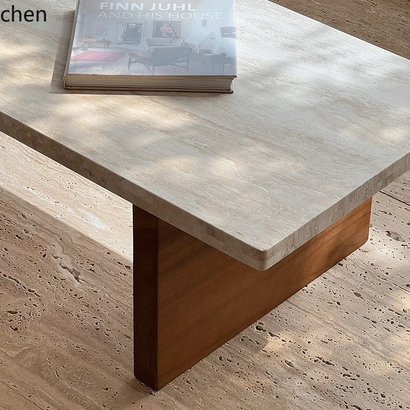 TQH natural travertine coffee table rectangular living room household small apartment solid wood small tea table