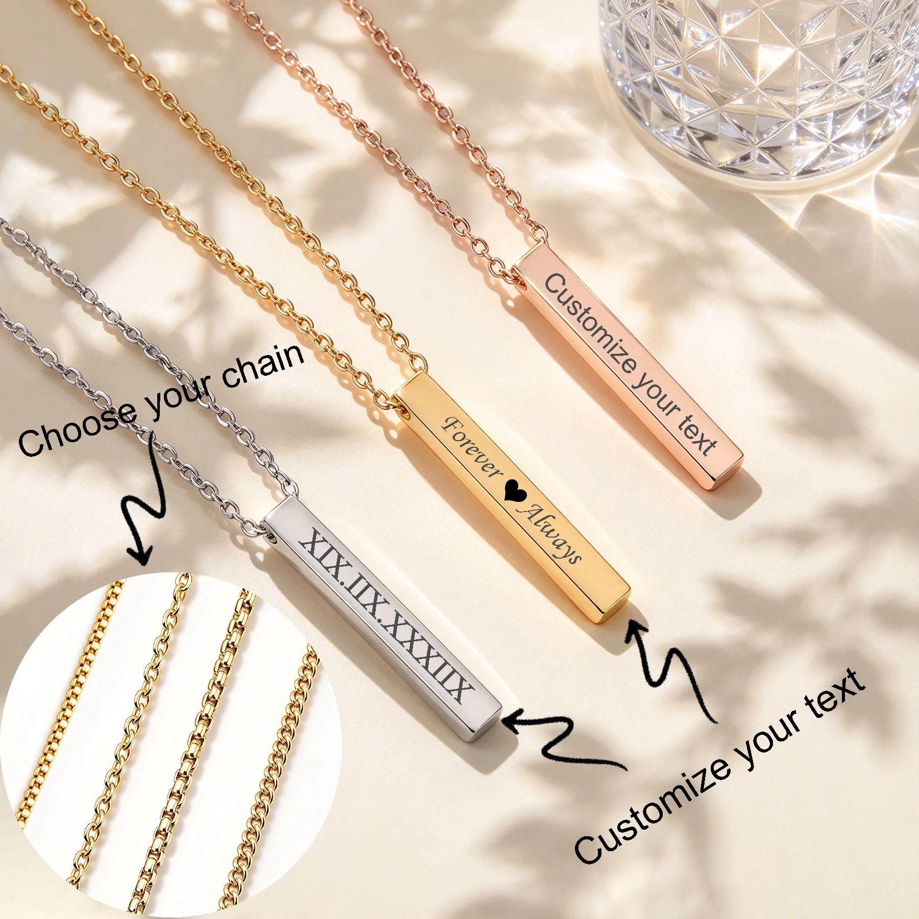 Multiple Chain Custom Name Text Column Pendant Necklaces for Men Women Punk Personalized Engrave 4 Sides Daily Jewelry Gift