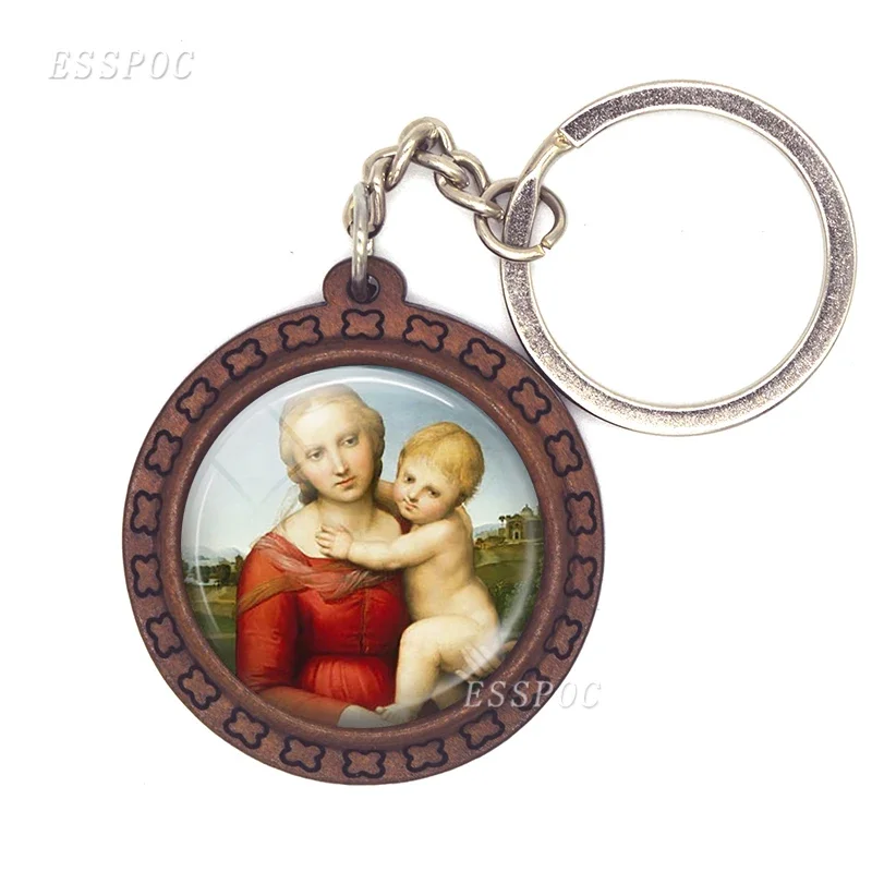 Virgin Mary Christian St Michael Clare Francis Religion Wooden Keychain Glass Cabochon Jewelry Women Men Pendant Key Chain Gift