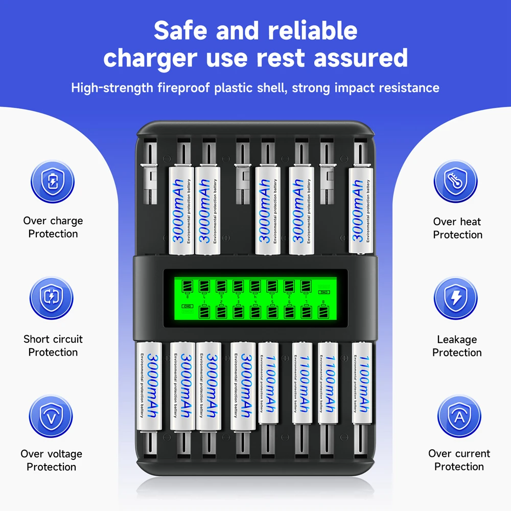 PALO 1.2V Rechargeable NI-MH Battery AA AAA NIMH AA/AAA Cells with 16 Slots Intelligent Charger for Flashlight, Toy Watch