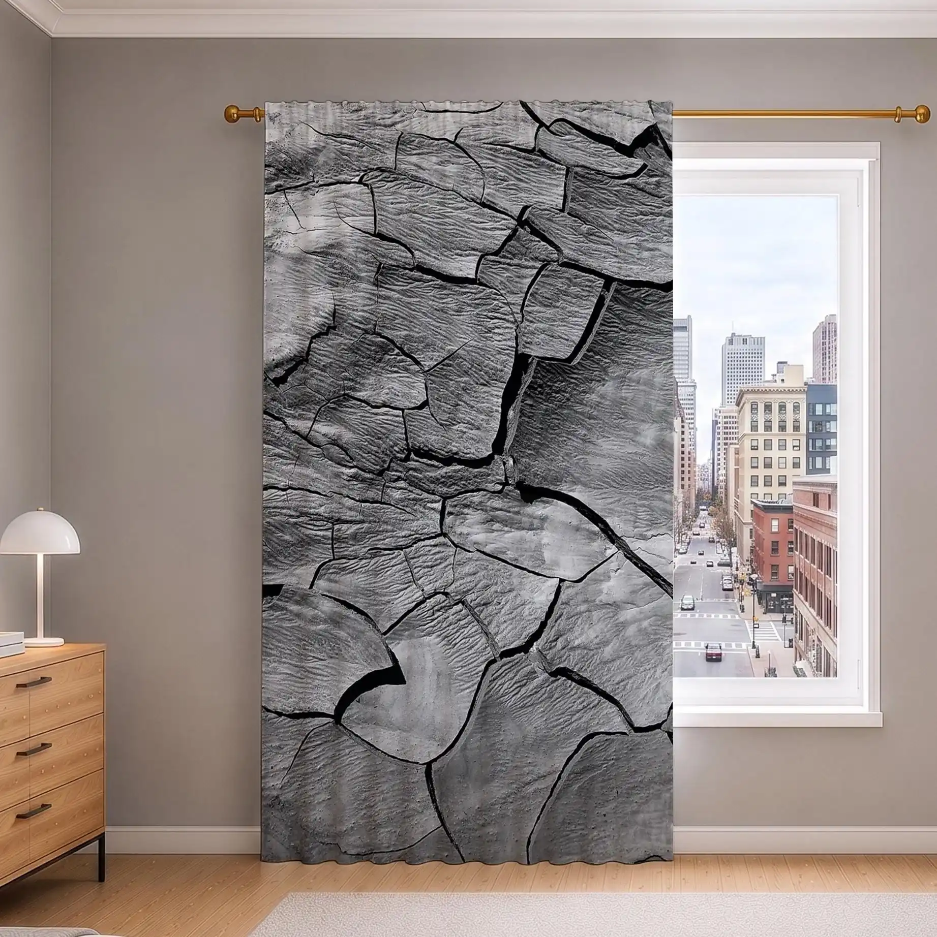 Realistic Cracked Concrete Texture Curtain Panels for Modern Home Decor Window Drapery