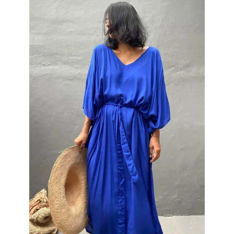 Beach Cover Ups for Swimwear Women Kaftans Tunic Solid Summer Maxi Dresses Batwing Sleeve Beachwear Outfits Dropshipping