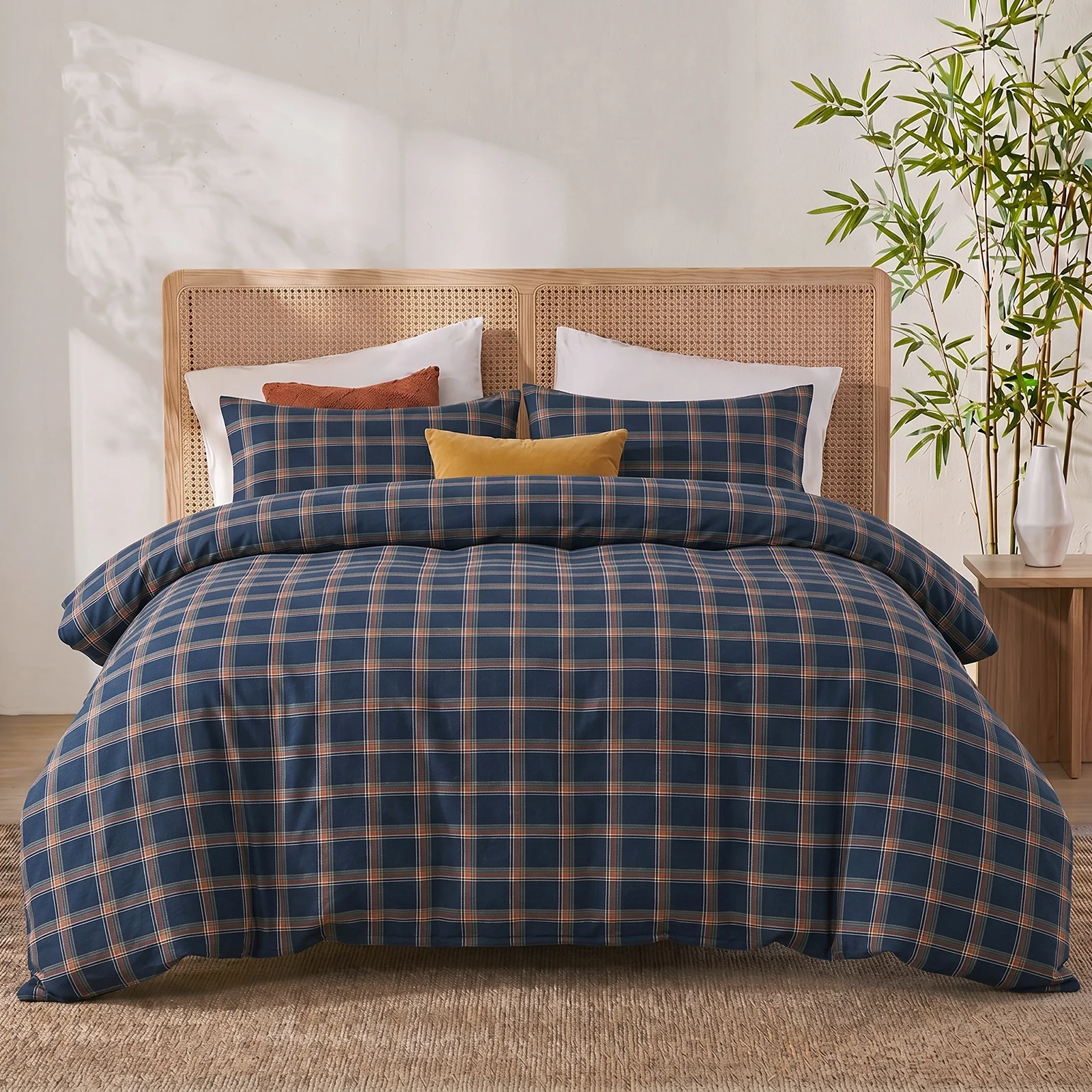 100% Cotton Plaid Duvet Cover Set, 100% Washed Cotton Bedding, King Size 3 Piece Soft Breathable Comforter Cover Set with Hidden Zipper and 8 Corner Ties, Deep Navy