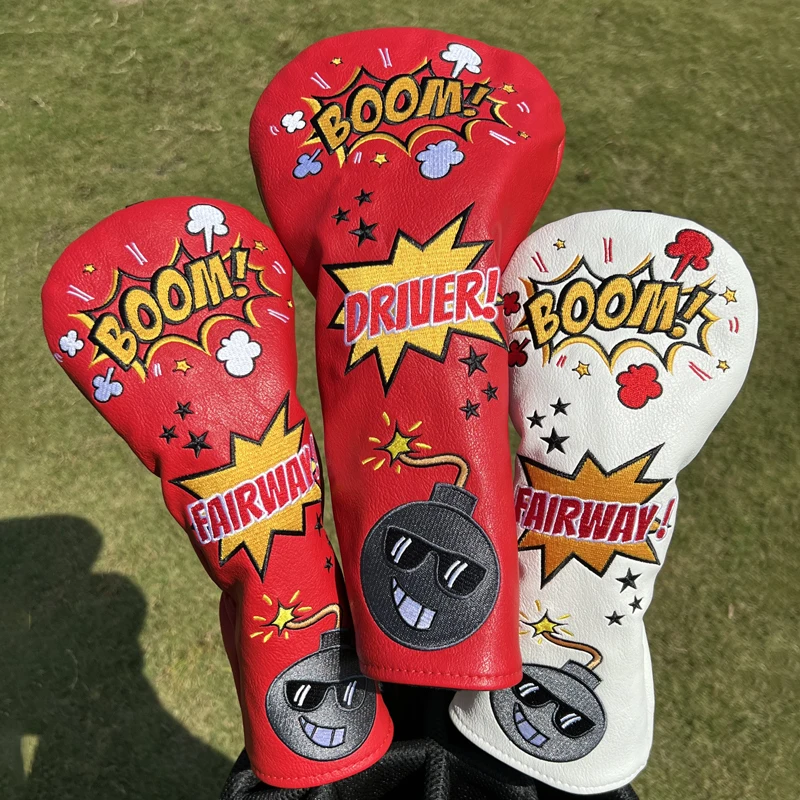 

2025Golf Club Headcovers Red Bomb Bombs Premium Leather Golf Wood Head Covers Set Golf Club Headcovers for Driver Fairway Hybrid