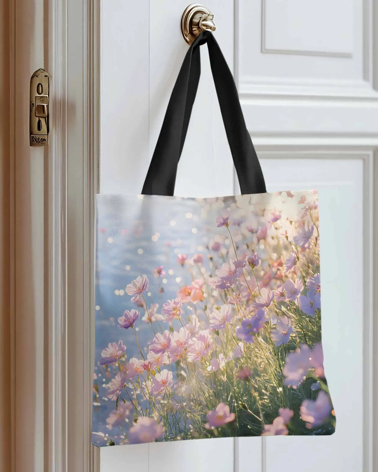 

Spring Flower Scenery Realistic Canvas Bag Handbag Oxford Cloth Eco Shopping Storage Bag for Home Use