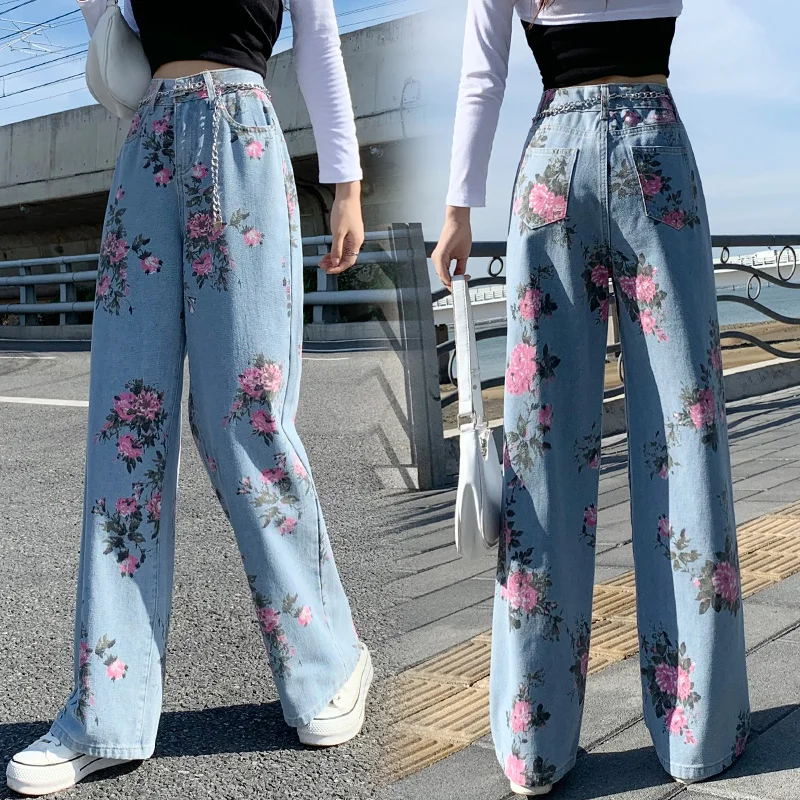 

Sweet and Spicy Girls Rose Jeans Women's Autumn Design Sense Small People's High Waist Sagging Wide Leg Pants Straight Pants