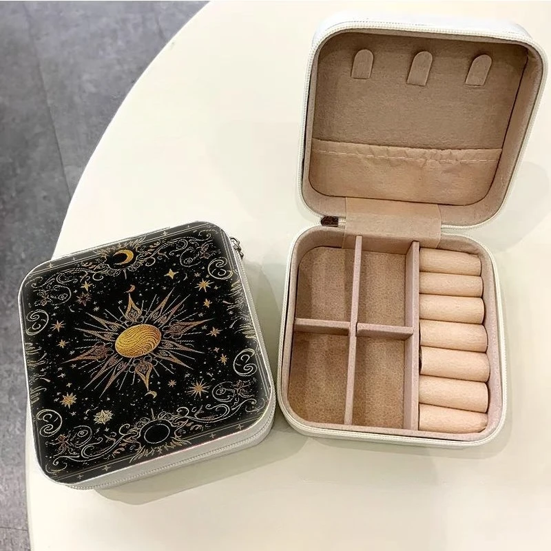 

PU Skin Ring Jewelry Box Earrings Necklace Storage Box Large Capacity Zippered Jewellery Boxes Square Partition Organizer Boxes