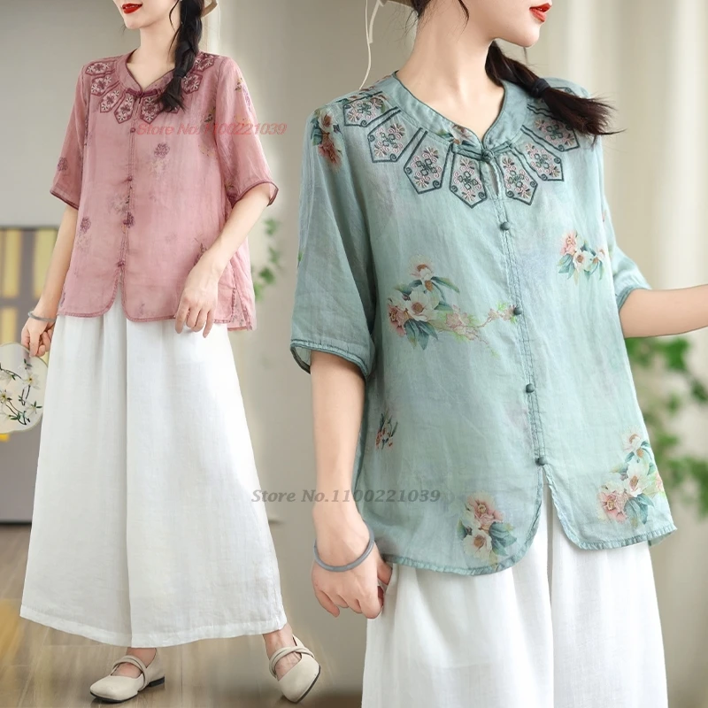 

2024 traditional chinese vintage hanfu tops folk blouse national flower print embroidery blouse ethnic stand collar loose blouse