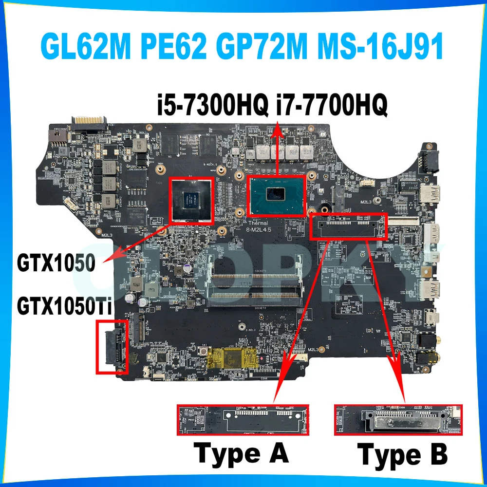 MS-16J91 for MSI MS-16J9 GL62M PE62 GP72M GP62M PE60 GP62 laptop motherboard i5-7300HQ i7-7700HQ CPU GTX1050/1050Ti 4G GPU DDR4
