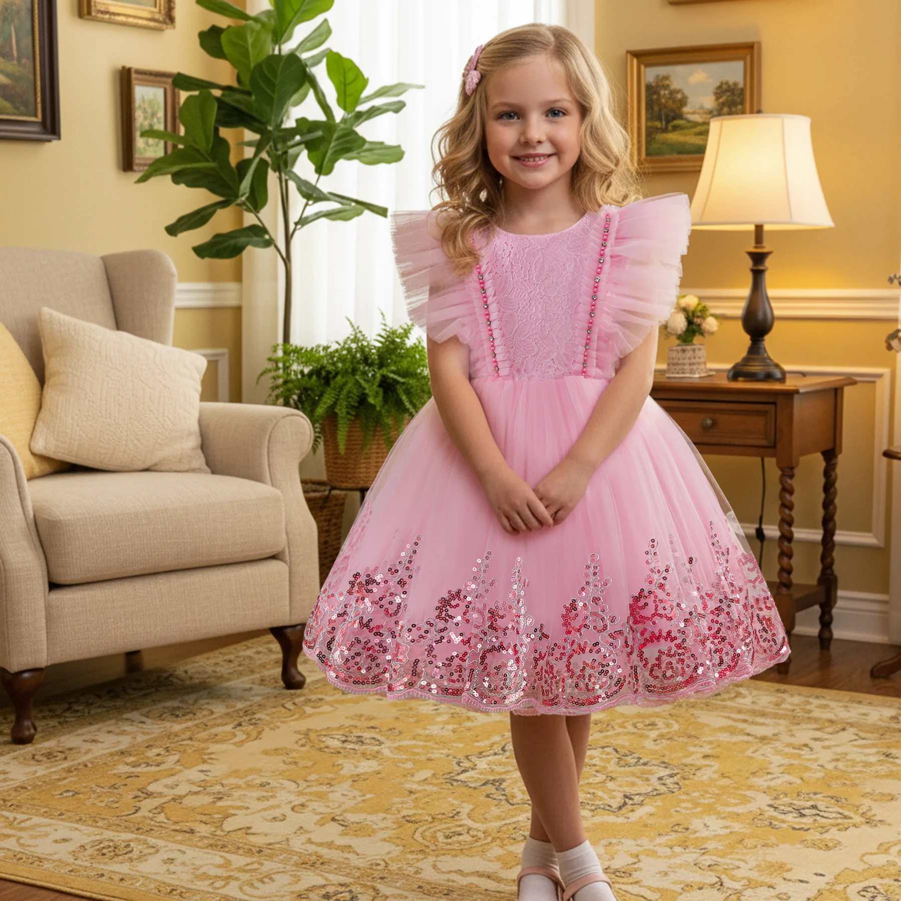 Flower Girls Flying Sleeve Tulle Princess Dress For Children Wedding Birthday Party Pageant Ceremony Performance Puffy Gown