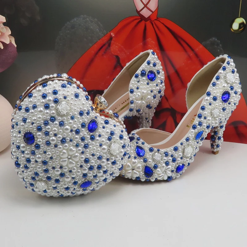 Fashion White Blue pearl wedding shoes paired with handbag bride\'s high heels fashionable shoes and handbag set fish mouth shoe