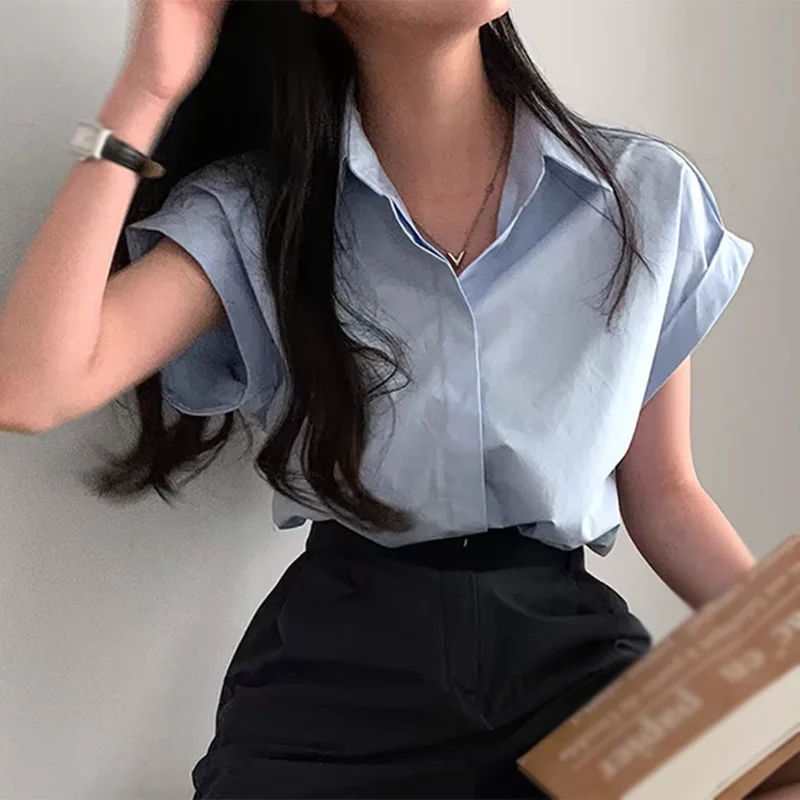 Woman Blouses Summer Solid Color Lapels Simple Shirt Fashion Versatile Rolled Short-sleeved Basic Shirt Top Female Loose Blouse