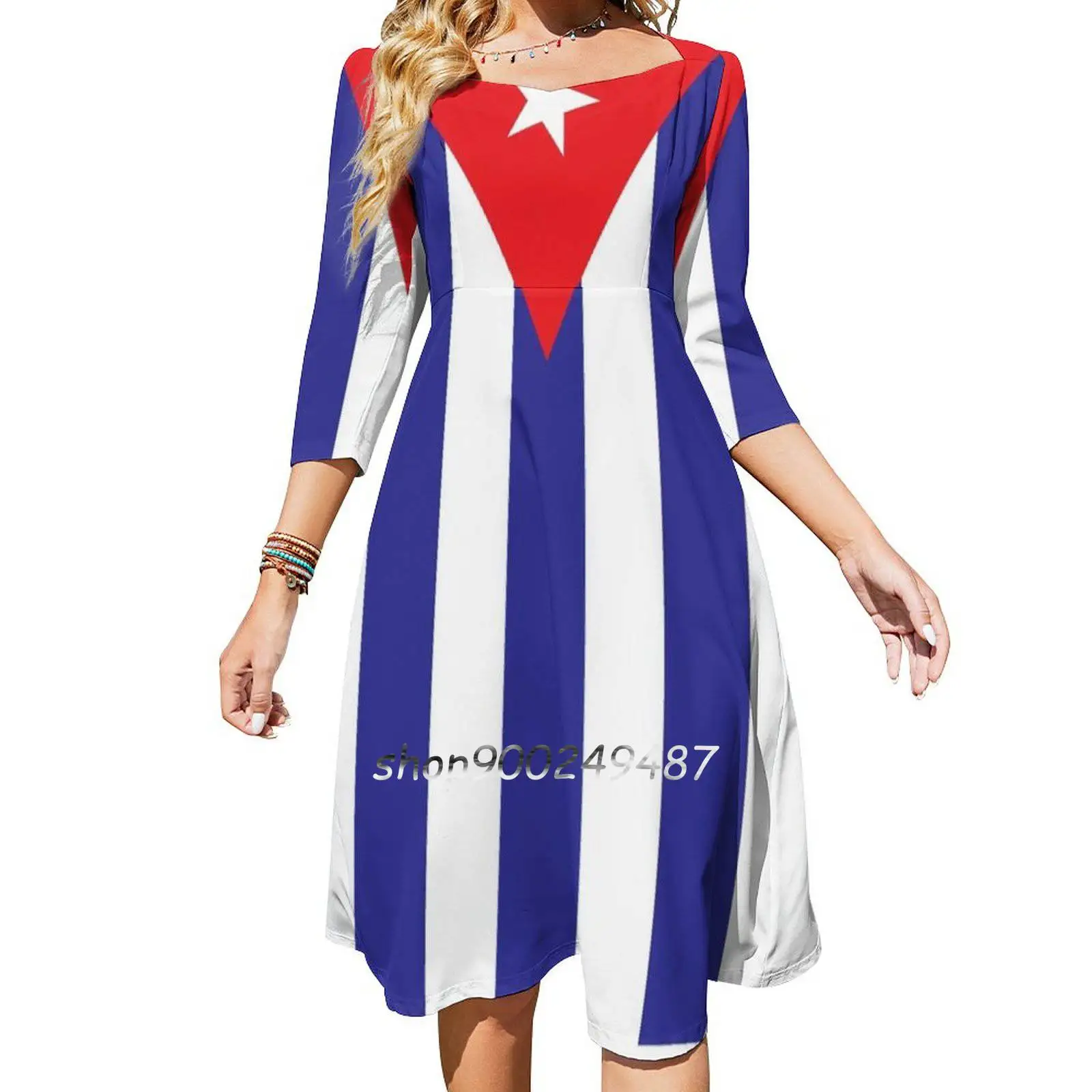 Cuban Flag Square Neck Dress Sweet Summer Dress Women Elegant Halter Print Dress Cuba Cuban Flag Carribean Latin America