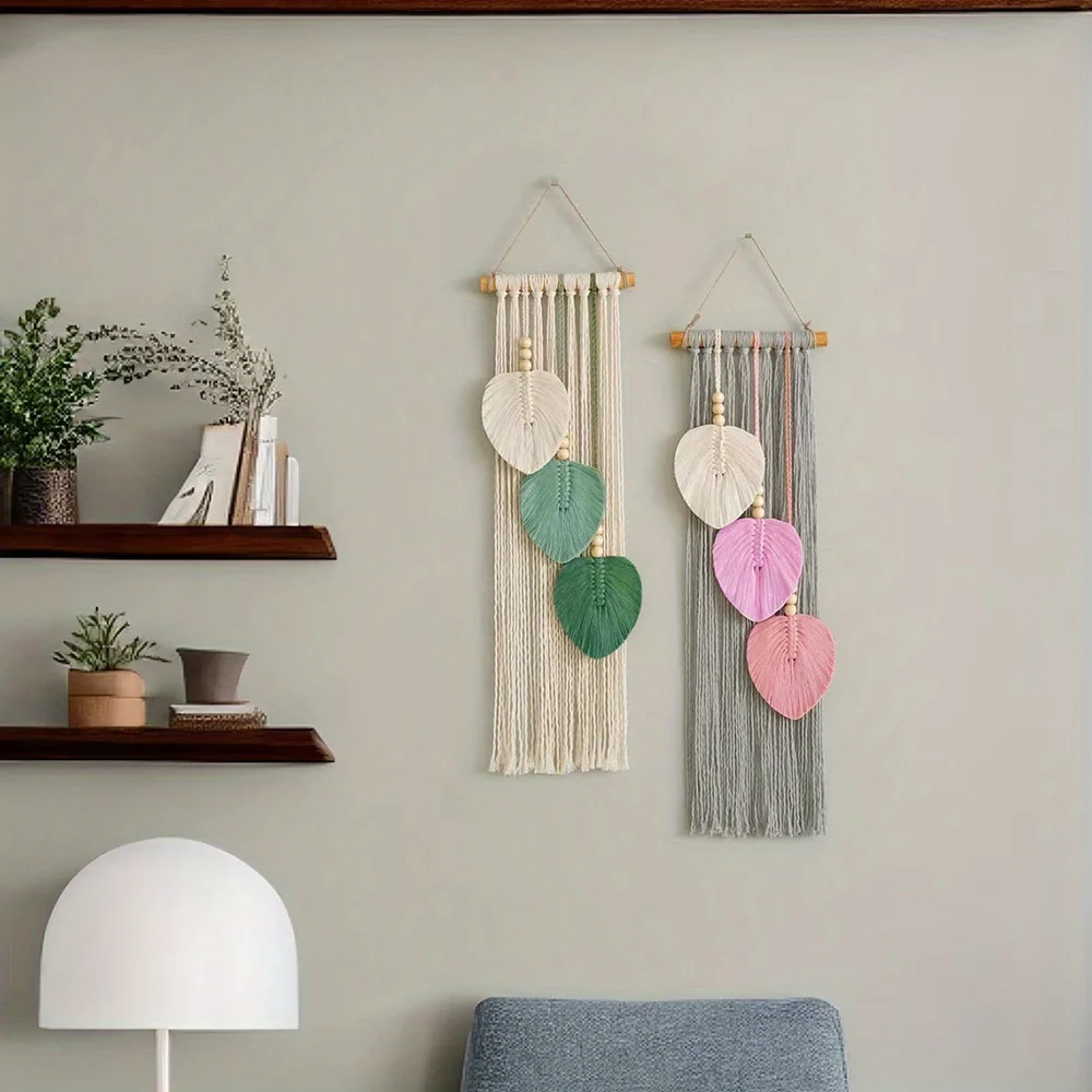 1 pc Macrame Woven Hanging Tapestry, 3 Leaves, Boho Hanging Tapstry Hanging on The Wall, Wall Decoration