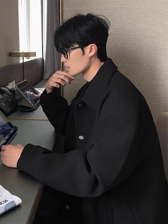 Double Layer Woolen Jacket for Men Trendy Korean Style Handsome Turn-down Collar Coat Outerwear Youth Popular Polyester Fiber