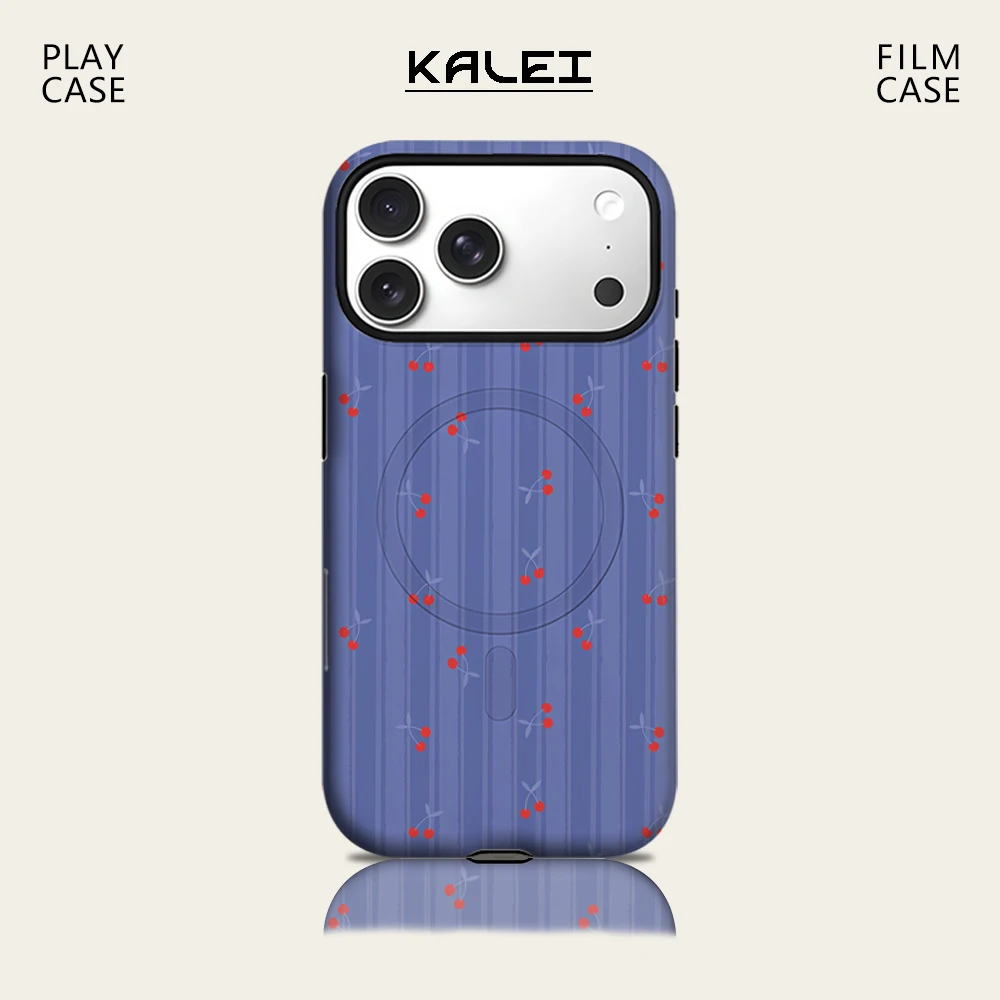 Blauer Hintergrund, rote Kirschstreifen-Handyhülle für iPhone 17, 16, 15, 14, 13, Pro Max Plus, für magnetische, einzelne, doppelschichtige, robuste Hülle