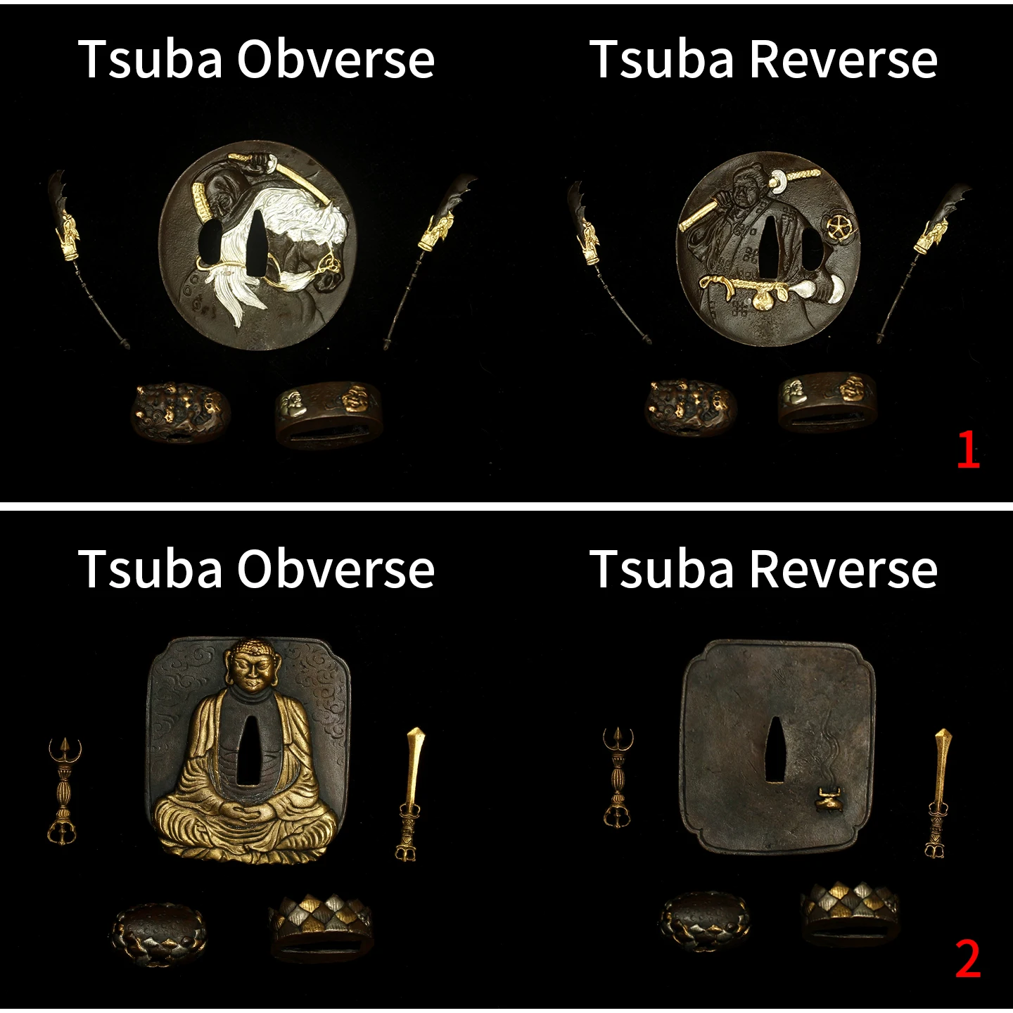 Vintage Oriental Craft Tsuba Fittings Set Gold Inlaid Relief Sword Guard For Samurai Katana Wakizashi DIY Decor Collection