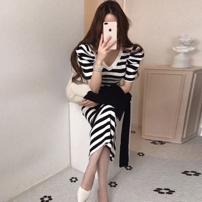 Summer Korean Bottom Knitted Striped Maxi Dress Women Short Sleeve Splitting Bodycon Dresses Fashion Elegant Slim Vestidos