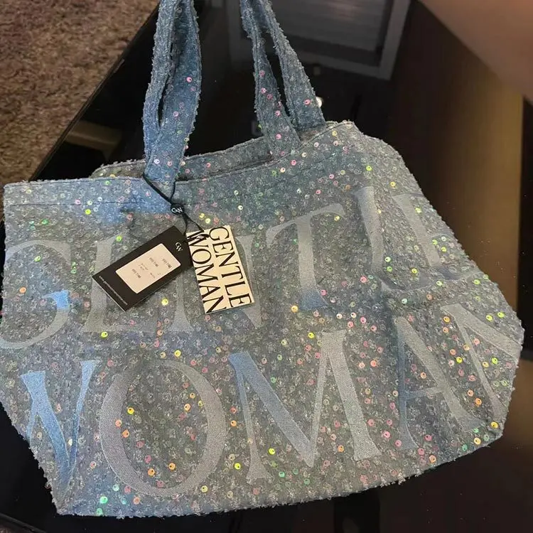 

New high-capacity tote bag, letter sequin wash denim bag
