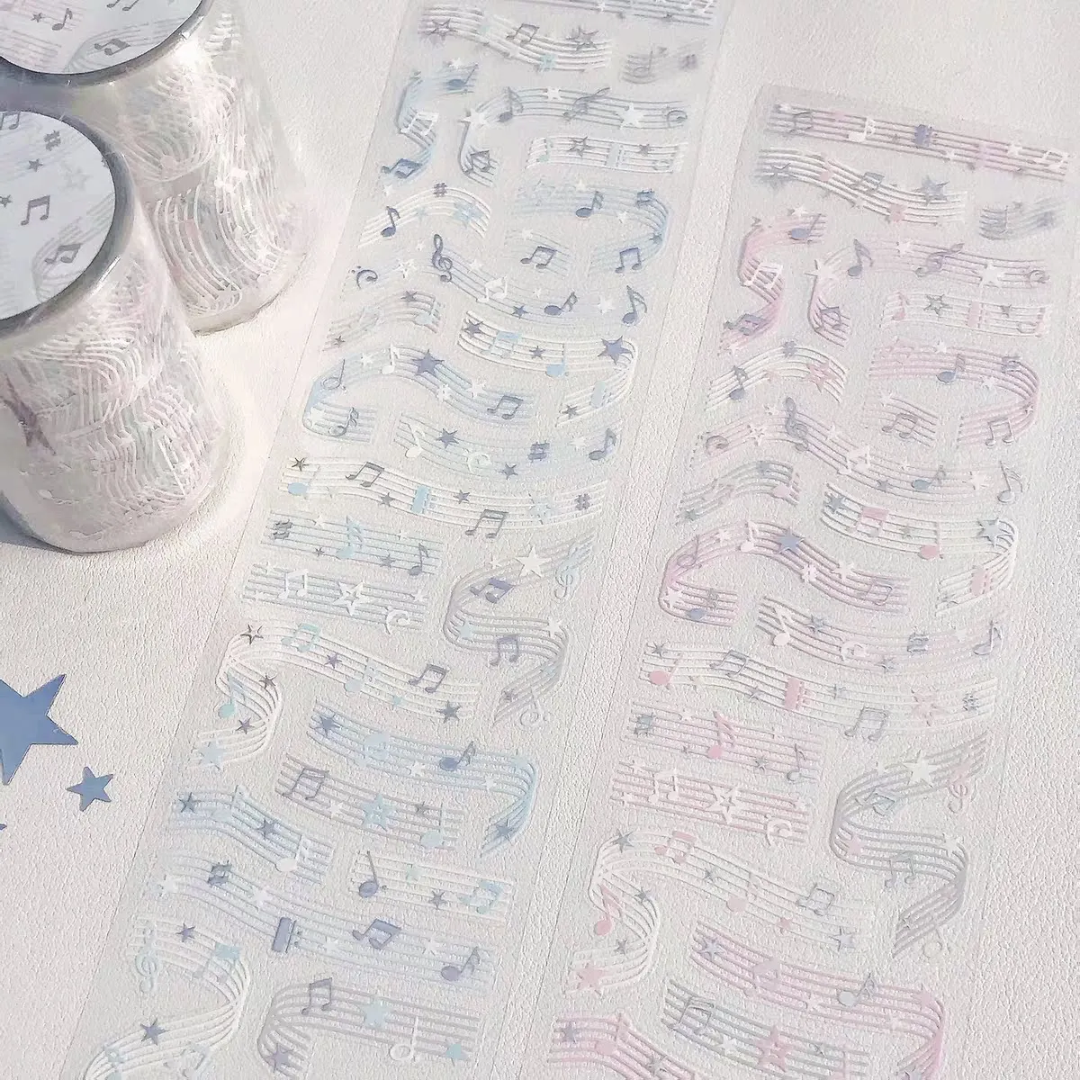Cinta Washi PET 1 Loop Staff Note, Molde de corte de copo de nieve, PET sin corte, Adhesivo con estampado plateado local de elementos musicales, 8 horas