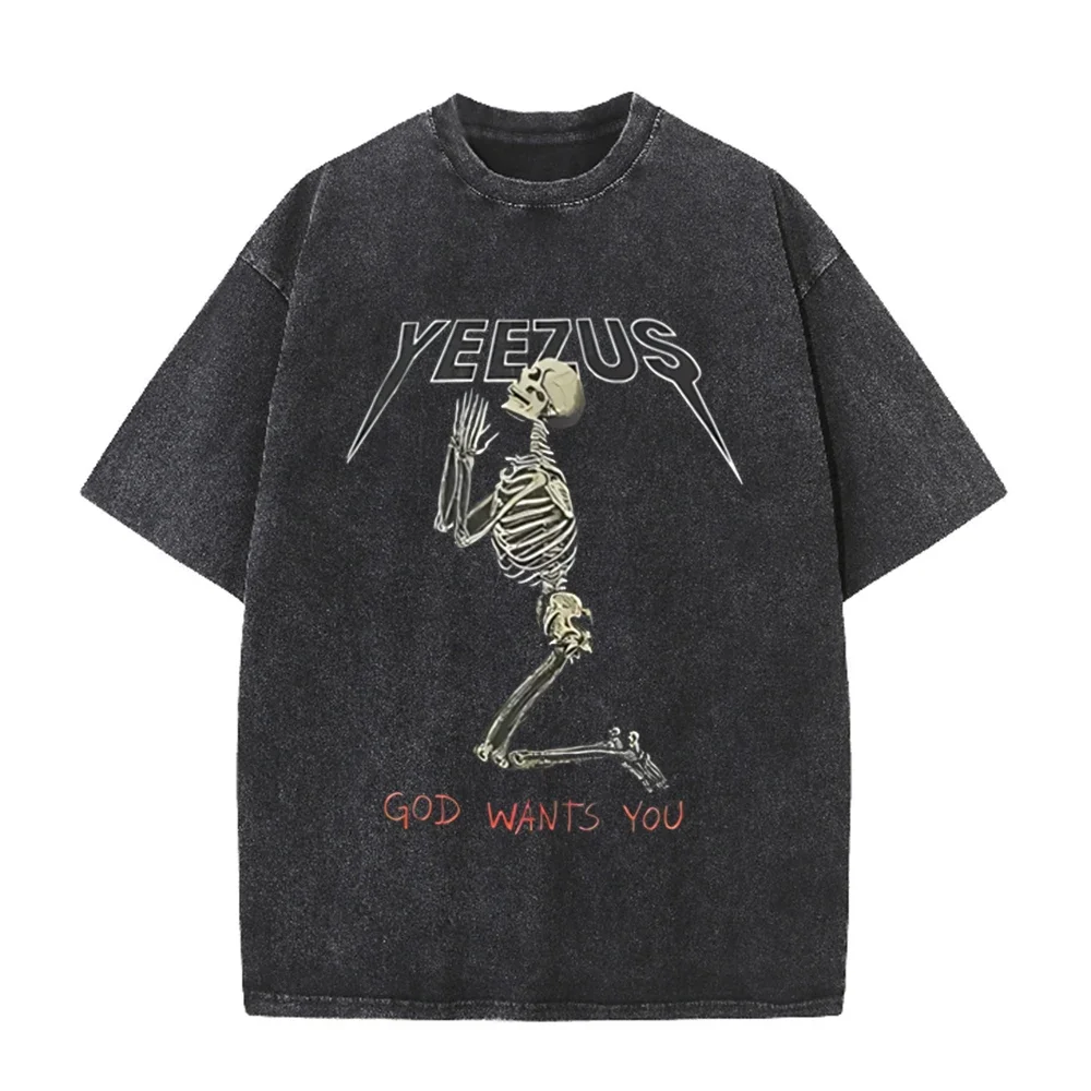 2026 Vintage Kneeling Praying Skeleton Graphic Black Acid Washed T Shirt Dark Gothic Religious Streetwear Oversized Unisex Short