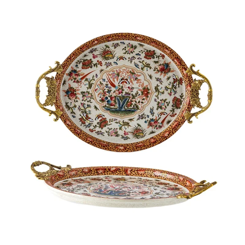 Hand-painted flat-bottomed tray grapevine man copper handle display case appreciation plate