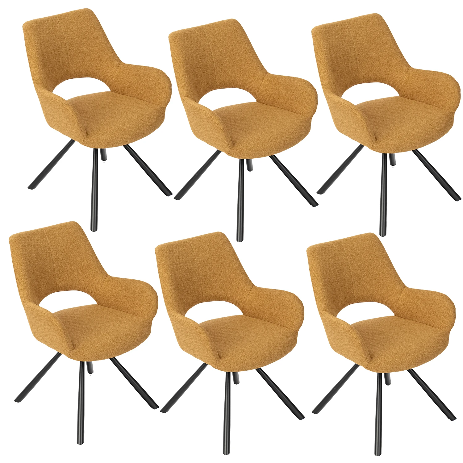 Juego de 6 sillas de comedor escandinavas con reposabrazos, tapicería de tela y patas de metal, color amarillo