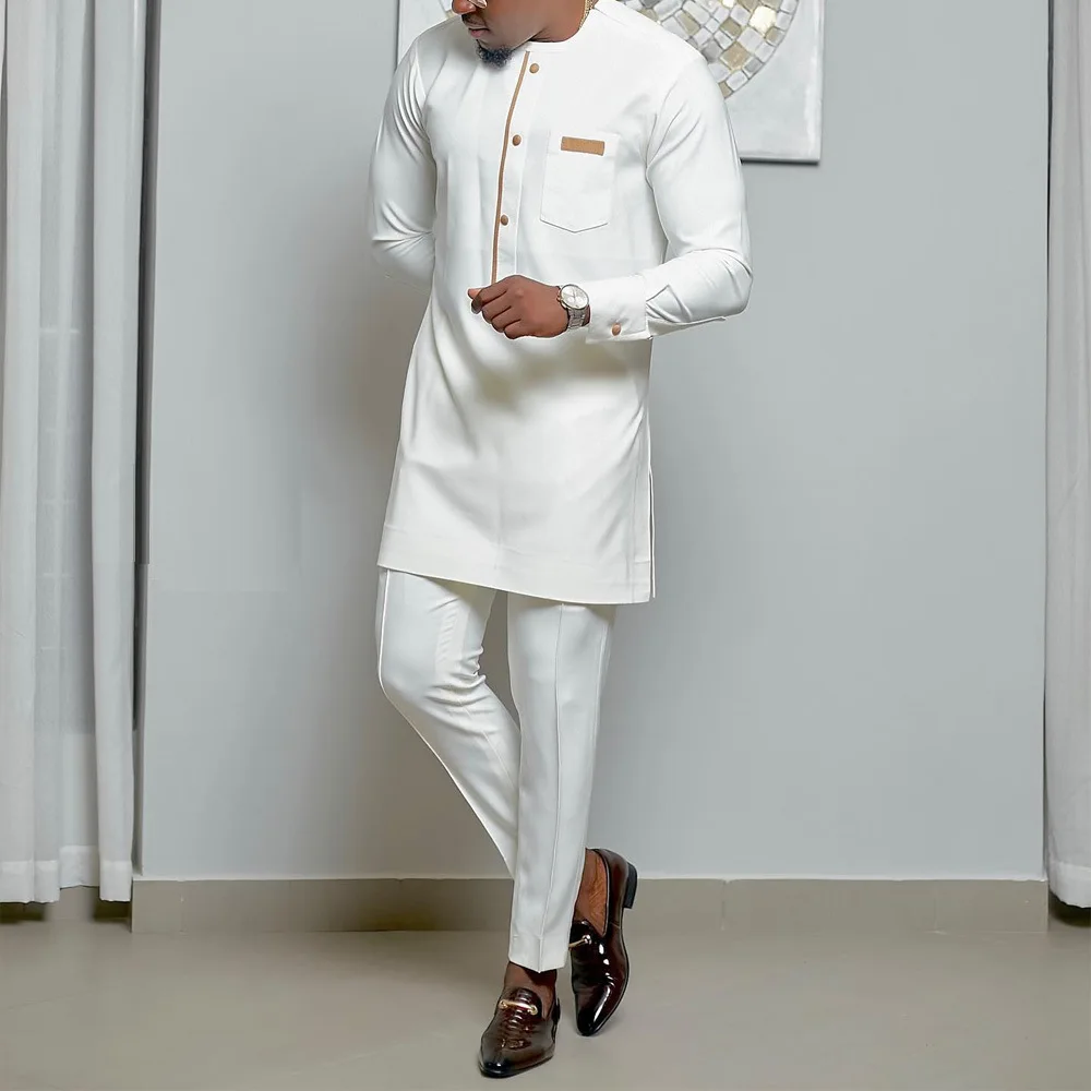 African Men Party Suit Round Collar Long Sleeves Pocket Splice Top Pants Two Piece Set Africa 2024 Summer Gentleman Outfits