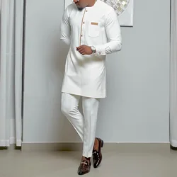 African Men Party Suit Round Collar Long Sleeves Pocket Splice Top Pants Two Piece Set Africa 2024 Summer Gentleman Outfits