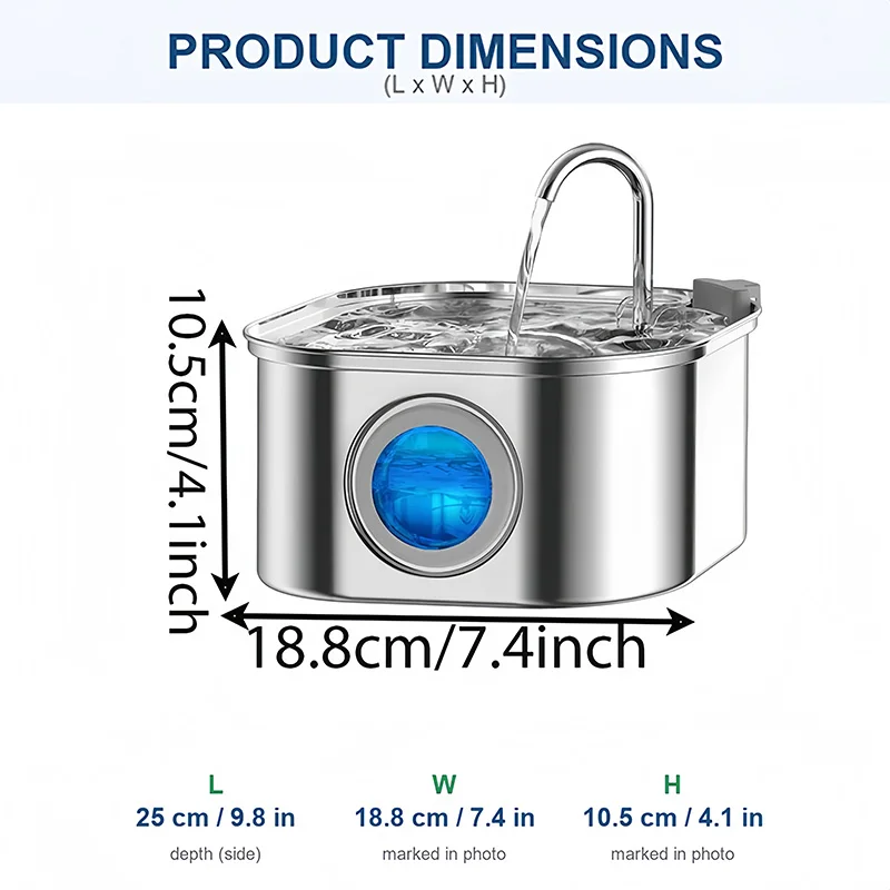 Pet Water Dispenser 3.2L Visual Panel Auto Stainless Steel Cats Water Drinking Fountain With Ultra Quiet Water Pump