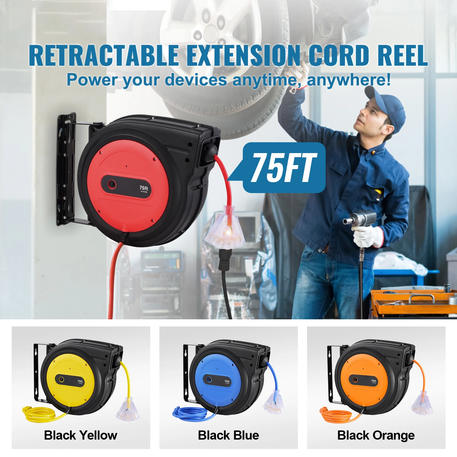 Retractable Extension Cord Reel, 75 FT, Heavy-Duty 14AWG/3C SJTOW Retractable Power Cord with Lighted Triple Tap Outlet, 13 Amp Circuit Breaker 180 °   Swivel Bracket for Ceiling or Wall Mount