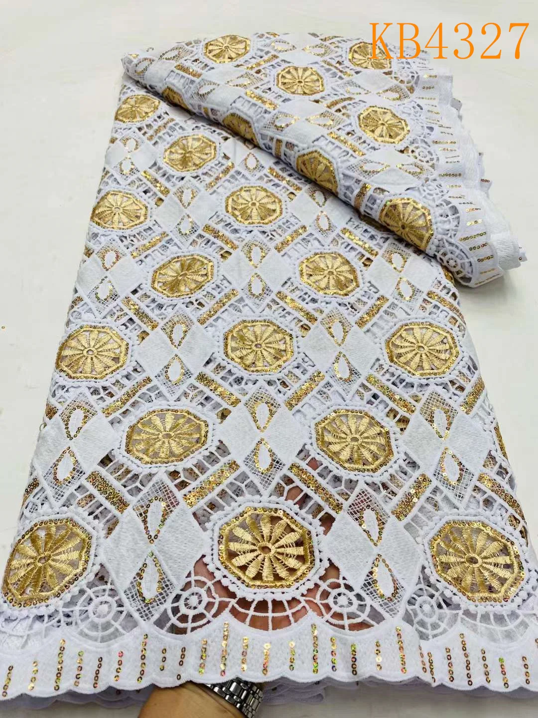 Nigeria Cord Lace with Sequin Embroidered Austria Cotton Novelty 2023 White and Gold Cotton Guipure Lace Fabric For Cloth KB3268