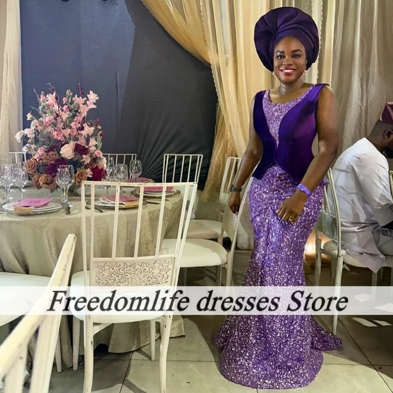 Paarse mouwloze avondjurken met prachtige pailletten appliqué op maat gemaakte lange zeemeermin bruiloft feestjurk galajurk voor dames