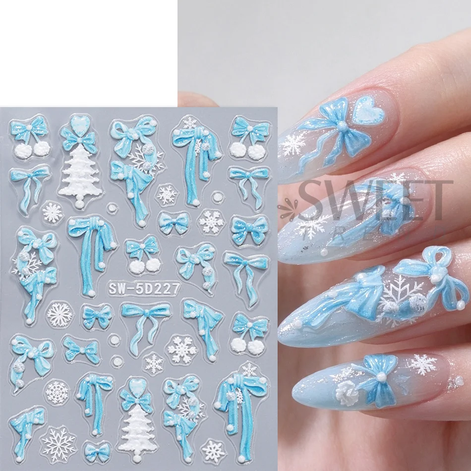 1/2pcs 5D Embossed Christmas Nail Stickers Self-Adhesive Blue Bowknot Snowflake Xmas Tree Nail Decals Winter DIY Manicure Decor