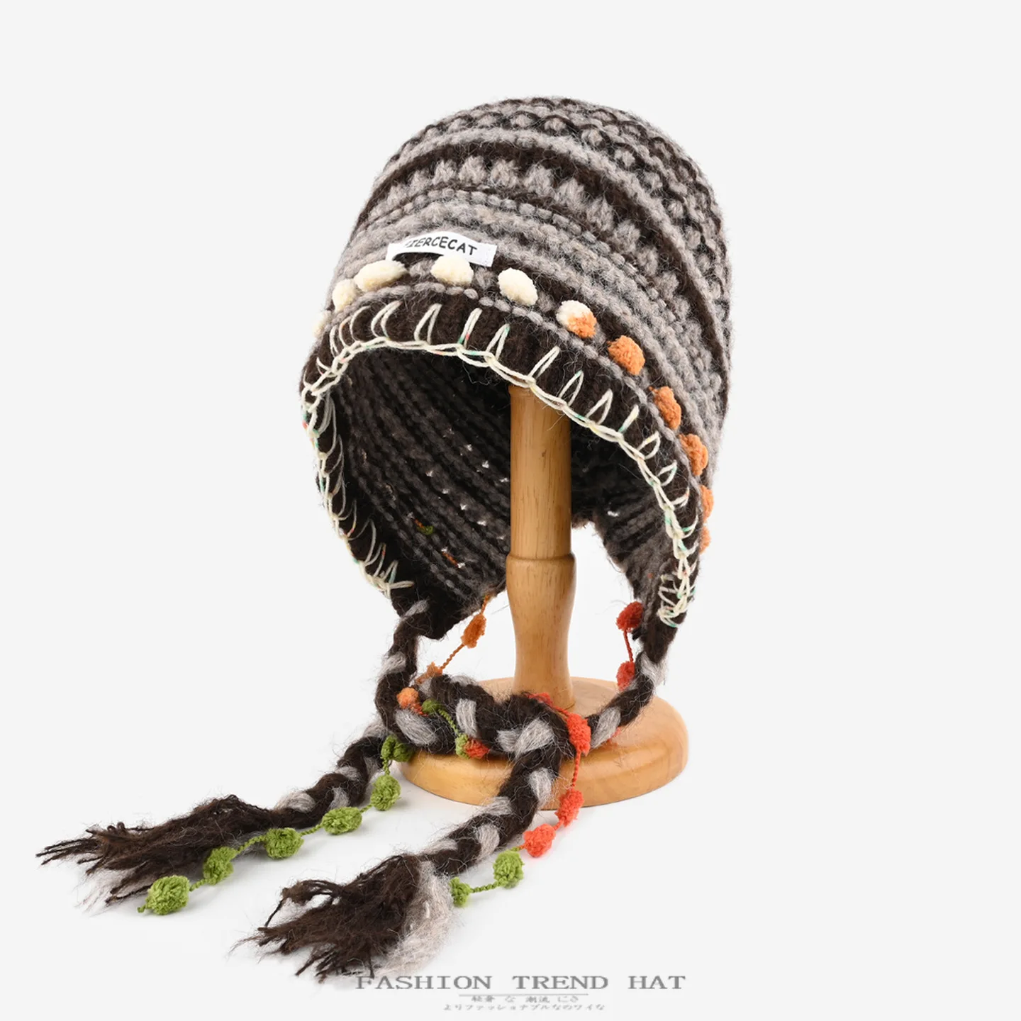 Retro Striped Fringed Knitted Hat Autumn Winter Provides Warm Outdoor Activities Protects Ears Fashion Wind-resistant Woolen Hat