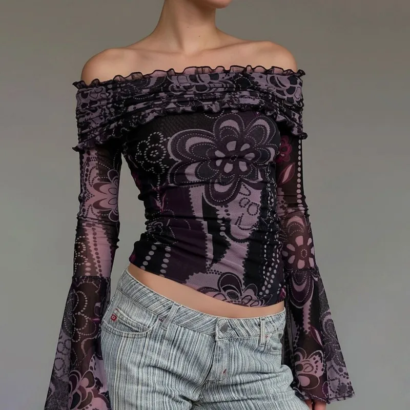 Hot Girl Artistic One-line Collar Lace Print Long Sleeve T-shirt Slim Slim Sexy Top Girl