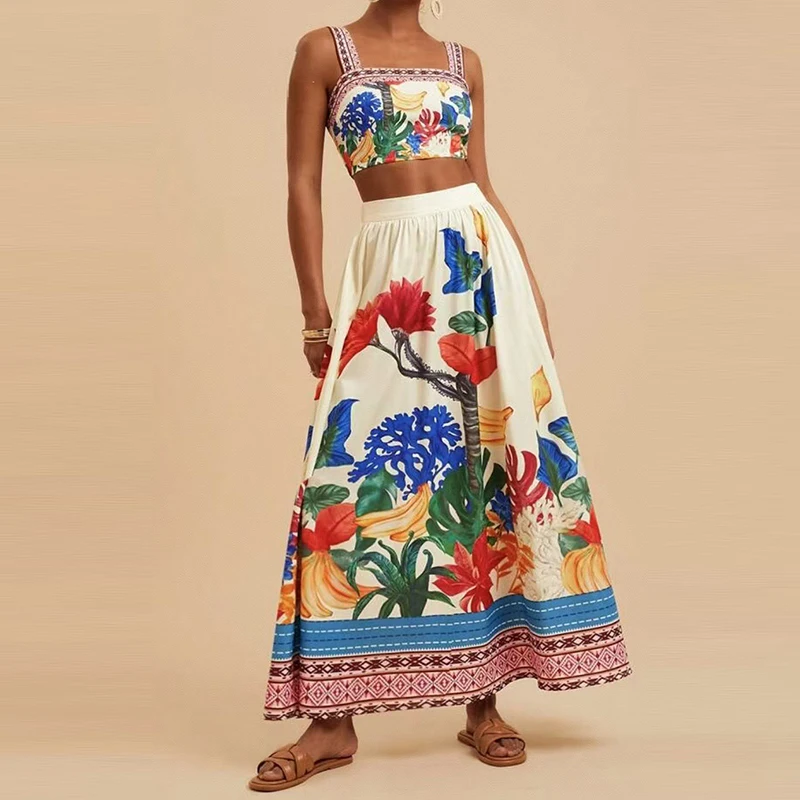 

Women Vintage Halter Tank Tops&Half Skirts Sets Summer Holiday Tropical Plant Printed Outfits Casual High Waist Half Skirts Sets