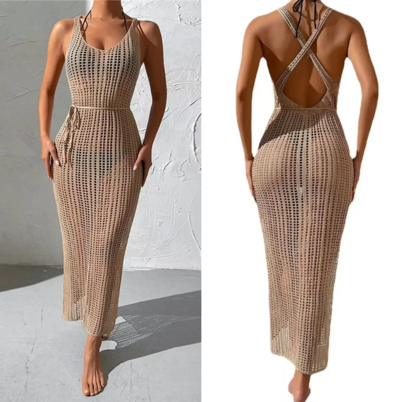 Sexy hohle geteilte Strick Strand kleid Badeanzug Sommer Mode Strand Urlaub rücken freie Bikini vertuschen Frauen kleider