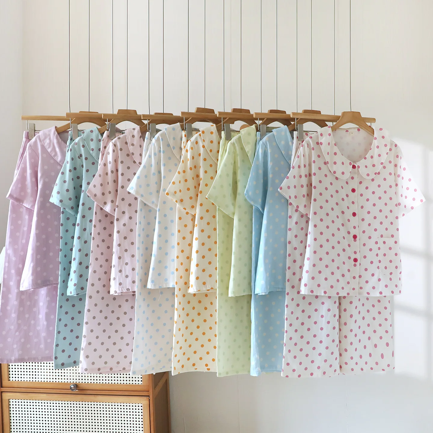 

Summer Polka Dot Printed Pajama Set Cotton Thin Long sleeved Two Piece Set Sweet Doll Collar Shirt Pants