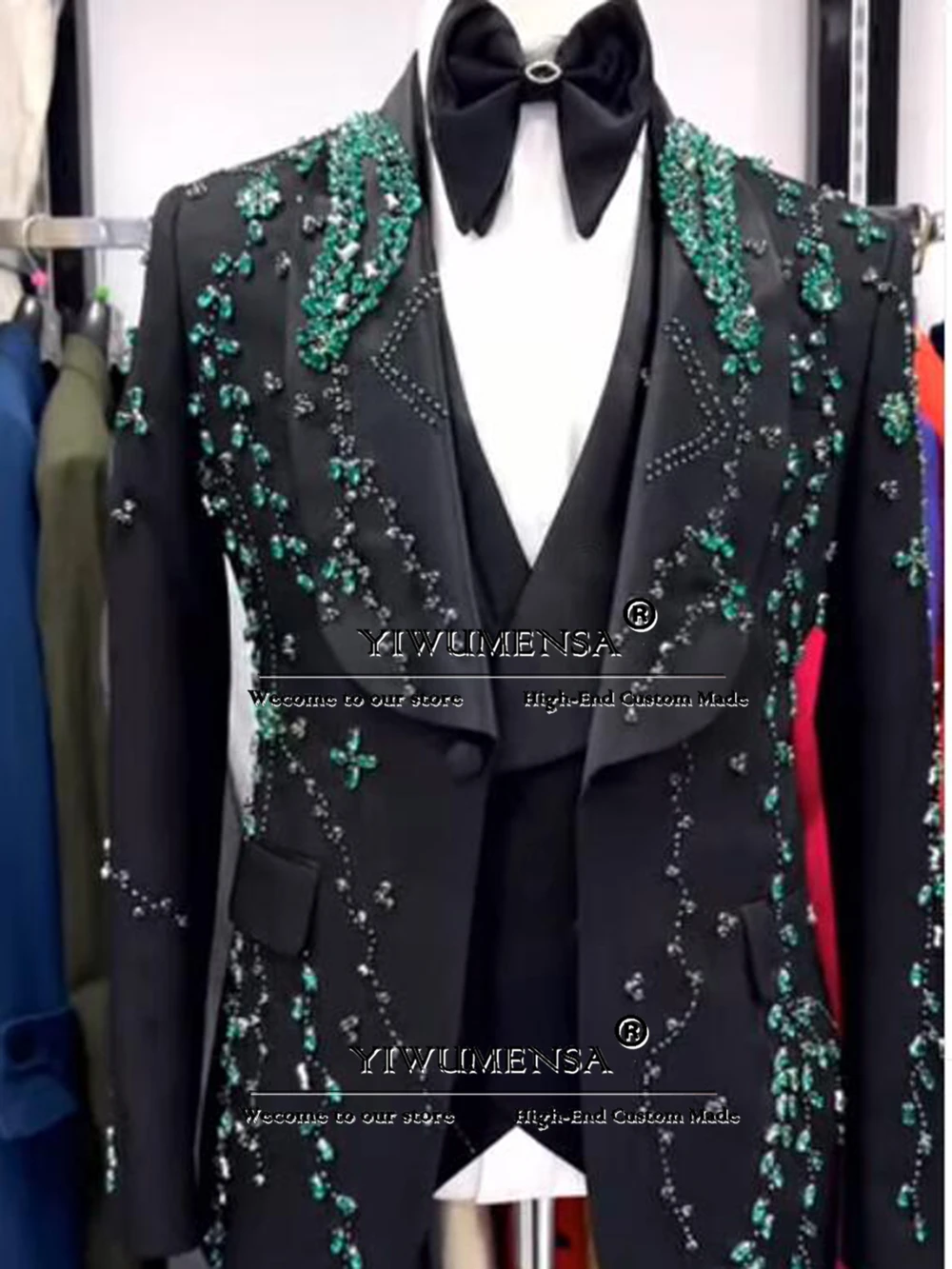 럭셔리 다이아몬드 비즈 수트 남성 3피스 세트 숄 라펠 신랑 블레이저 맞춤 웨딩 턱시도 남성 연회 파티 의류