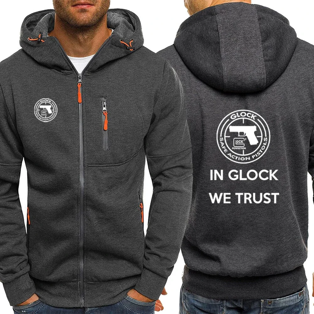 2023 Glock Perfection Shooting Hooded Long Sleeve Men Jacket Drawstring Zipper Closure Solid Color Casual Sweatshirt Clothing