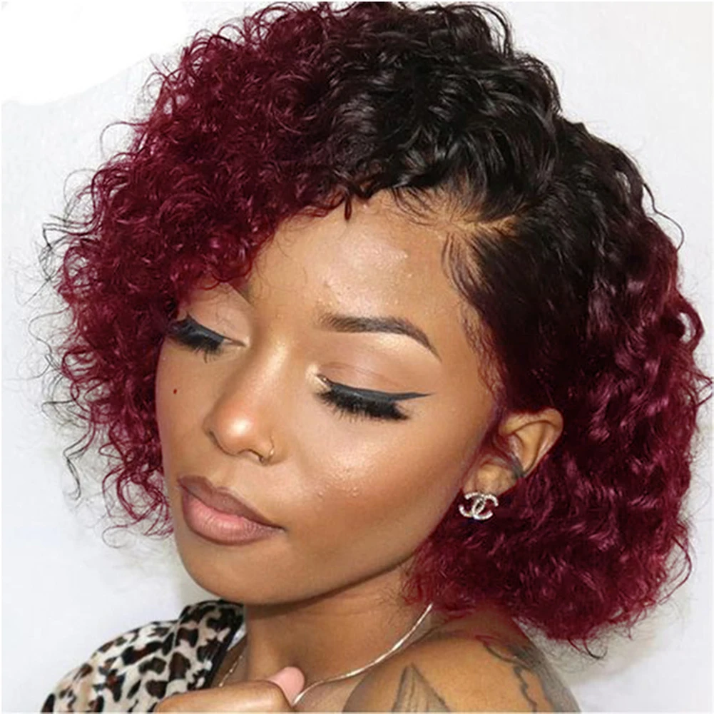 

Water Wave Curly Human Hair Wigs 1/99J Color Short Bob Wigs Brazilian 13X4 Lace Frontal Wigs Pixie Cut Wigs