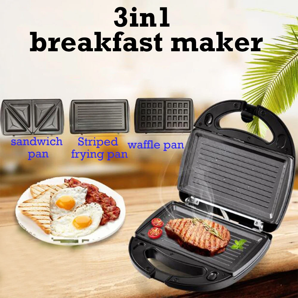 ماكينة الإفطار متعددة الوظائف 3IN1 بقدرة 220 فولت 750 وات ماكينة صنع شرائح الوافل الكهربائية المشوية مع 3 أطباق غير لاصقة قابلة للإزالة