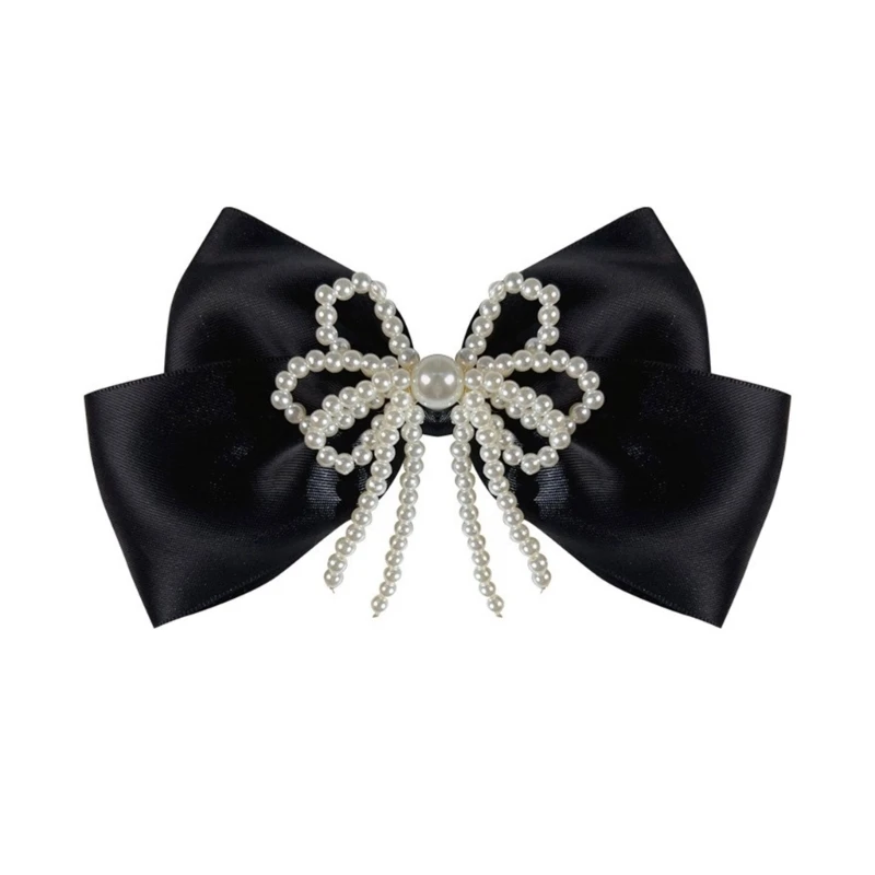 

Women Ribbon Bow Tie with Blingbling Pearls French Elegant Necktie Pin Vintage Lapel Clothing Jewelry for Wedding Engagement