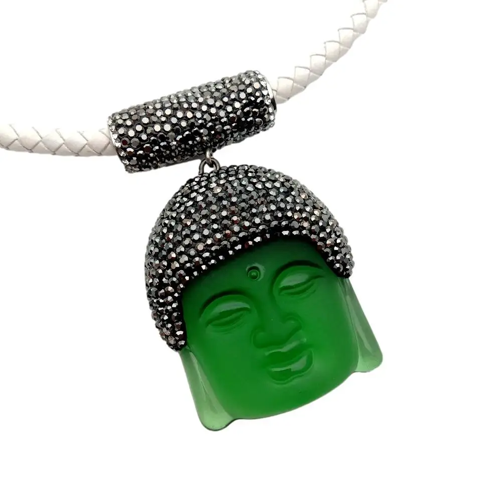 

Y.YING 36x48mm Green Quartz Carved Buddha Head Pendant White Leather Choker Necklace