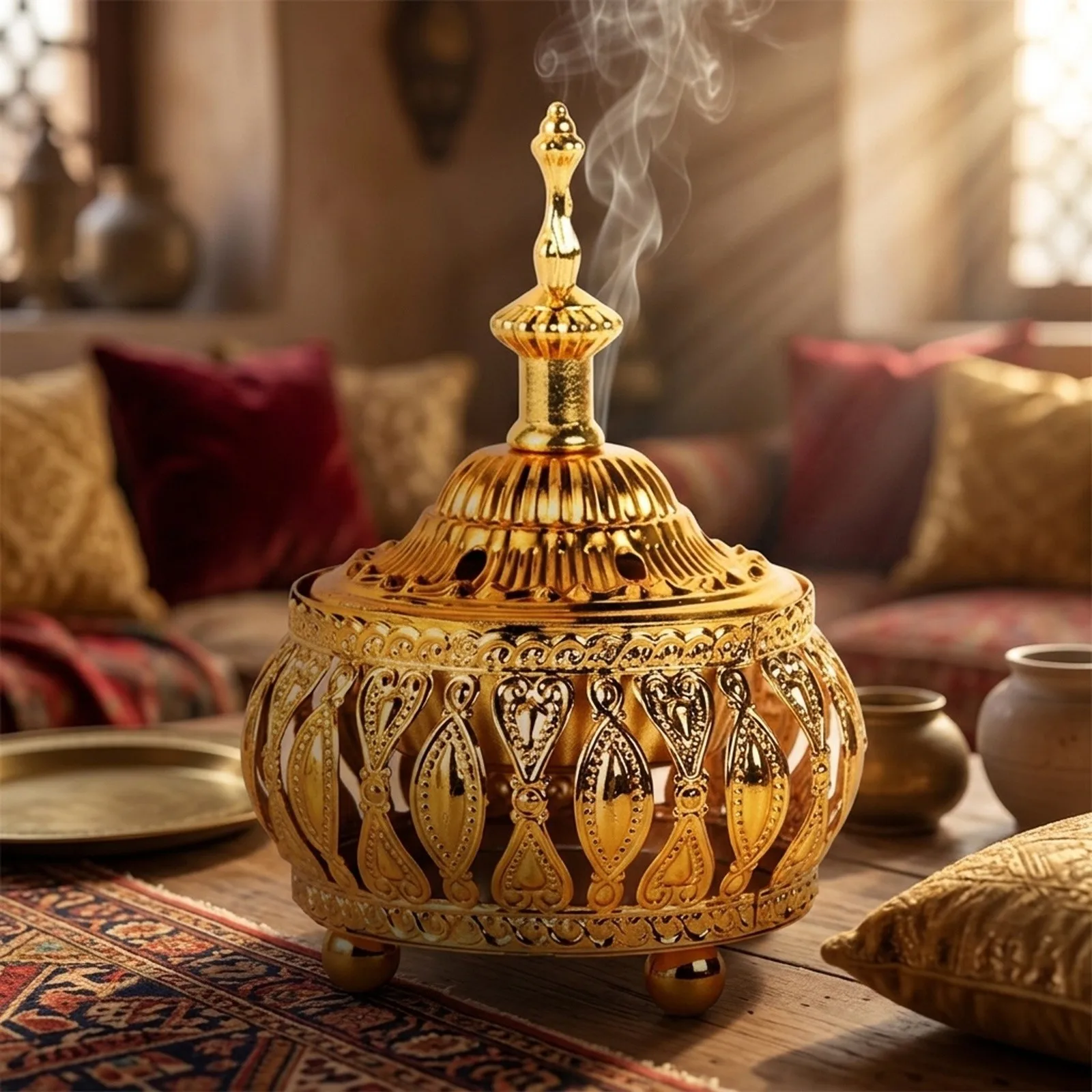 Incense Burner Holder Metal Censer Cone Arabian Frankincense Vintage Bakhoor Coil Ash Catcher Metal Aromatherapy Fragrance